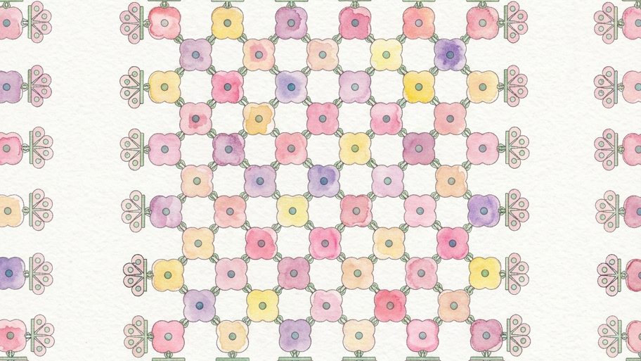 Watercolor grid pattern of small flowers in pastel shades of pink, purple, yellow, and peach